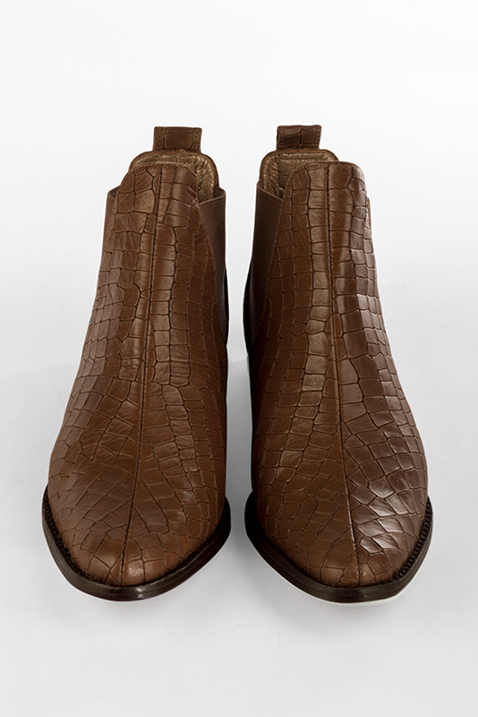 Caramel brown women's ankle boots with buckles. Round toe. Flat leather soles. Top view - Florence KOOIJMAN